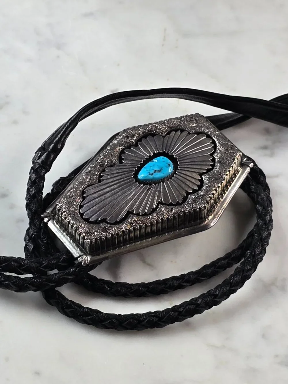 Southwestern Native American Sterling Silver Turquoise Casket Bolo Tie E640